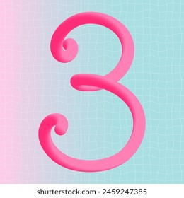 Número tres 3d neón líquido logo diseño de texto. Lindo estilo retro de impresión degradada. Tarjeta de felicitación y2k nostálgica colorida, etiqueta engomada, Anuncio. Póster holográfico de Festiva. Ilustración vectorial vibrante. 