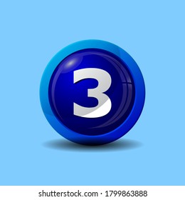 Número tres en 3D Botones azules brillantes para iconos web, iconos educativos e iconos alfabéticos. Ilustración vectorial