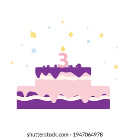 Number three birthday cake icon with candles. Isolated. Cake icon. For birthday, party invitations. Vector flat illustration.