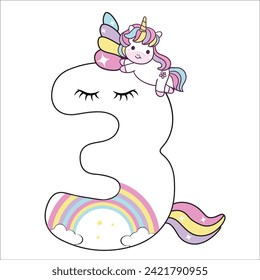 number three birthday unicorn vector