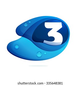 Number three with blue water drops. Vector design template elements for your application or corporate identity.