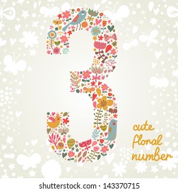 The number Three. Bright floral element of colorful alphabet made from birds, flowers, petals, hearts and twigs. Summer floral ABC element in vector