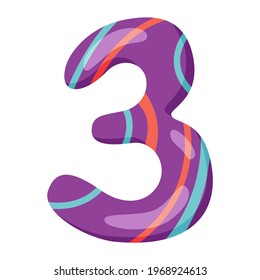Number three. Colored cartoon number 3 for kids. Greeting card template, colorful number for counting studies, holidays. Vector illustration isolated on white background.