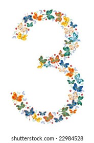 Number three composed by butterflies and lady-bugs. No gradient fills. Easy to customize. See the whole series.