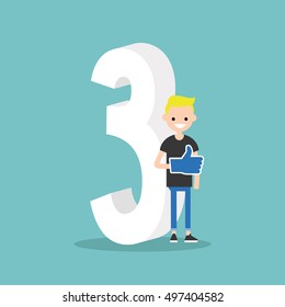 Number three concept: young smiling boy standing near the number Three. Step three. Third point. Third place. Flat editable vector illustration
