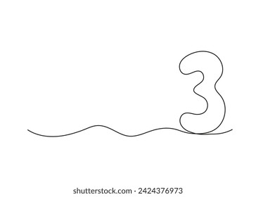 Número tres, dibujo continuo de una línea. Número aislado de línea minimalista simple dibujada a mano negra. Fondo de figura de línea de vectores