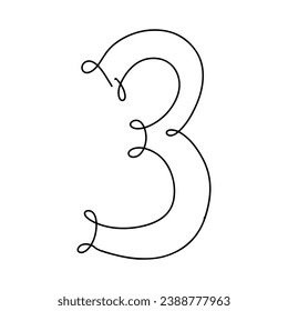 Number three. Continuous style. Vector illustration isolated on white. Single line art.