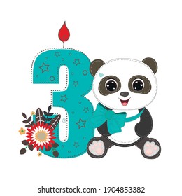 Number three and a cute cartoon panda boy. Perfect for greeting cards, party invitations, posters, stickers, pin, scrapbooking, icons. Birthday concept