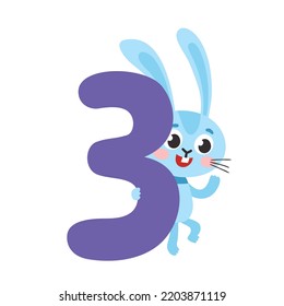 Number three with cute cartoon rabbit for kids isolated on white.