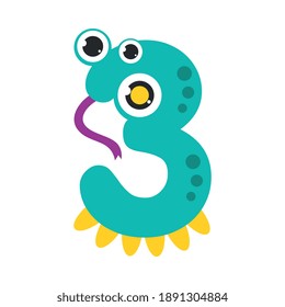 Number Three Cute Monster, Funny Fantasy Alien Character, Mathematics Symbol, Learning Material for Kids Cartoon Style Vector Illustration
