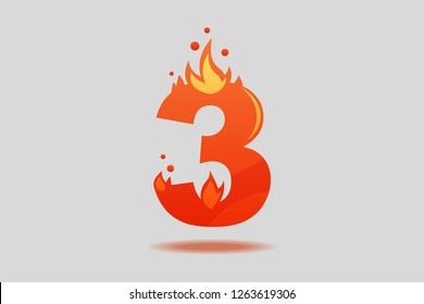 Number three, decorated with red flames and sparks. Flat Vector Illustration