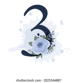 Number three decorated royal blue rose with leaves and watercolor splash on transparent background. Vector illustration for postcard or birthday. Printable design element.