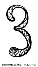 Number three . Decorative font with a paisley zen doodle tattoo ornaments filling. Display numeric. Hand drawn graphic elements in old fashion vintage style. Used for quote lettering