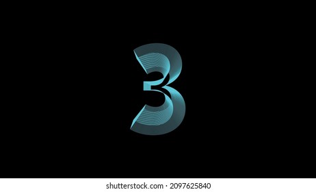 number Three, digital symbol,  Blue gradient Neon Light glowing in the dark. Vector digit 3 wireframe concept.