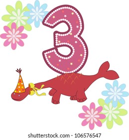 Number three with a dinosaur and flowers