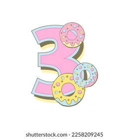 Number three with donuts, baby month cards. Monthly milestone. Birthday Party Invitation, card, badge. Vector 