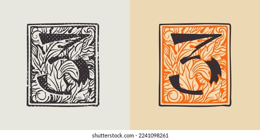 El logo de la tercera gota de capucha con un estilo medieval grabado. Conjunto de iniciales iluminadas en forma de cuadrado monocromo y color tenue. Perfecto para una identidad de primera calidad vintage, afiches de la Edad Media, embalaje de lujo