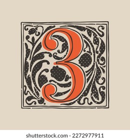 Logotipo de la tercera gota de tapa en estilo de grabado medieval. Plaza de letra negra inicial. Emblema iluminado de la edad oscura con follaje y tulipanes exuberantes. Perfecto para la identidad vintage, gótica, embalaje de lujo.