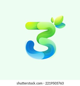Number three eco logo with gradient lines with green leaf. Environment friendly icon made of overlapping parts. Perfect for agriculture art, waste recycling app design, healthy food packaging.