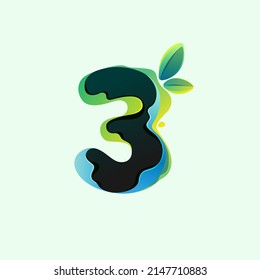 Number three eco logo with green leaves in hologram glitch style. Environment friendly icon with color shift and illusion. Vector element for waste recycling identity, natural theme presentation.