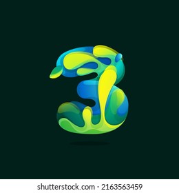 Number three eco logo made of green and blue splashes, pure water waves and dew drops with fresh leaves. Perfect for agriculture art, waste recycling design, bio advertising, healthy food packaging.
