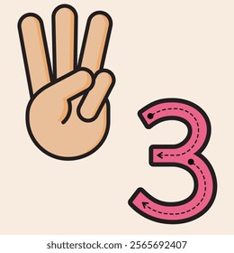 Number Three. Finger counting designed to help PreK and Kindergarten students learn and practice numbers. Vector fully editable line art design.
