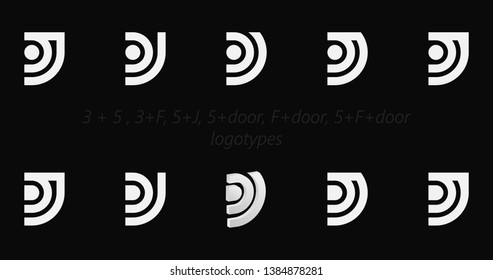 Number three and five logotype. 3 and 5 plus letter F and J symbols set. Door and game icons with numbers logotypes design set.