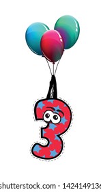The number three flies on the balls. Vector illustration