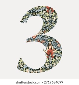 Number three with floral pattern. Decorative number three with intricate floral design. Artistic floral number three illustration. Number 3 vintage font, botanical pattern vector.