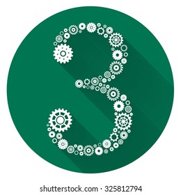 Number Three formed by gears with Long Shadow .EPS10 Illustration