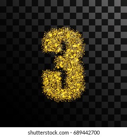 Number three of gold glitters and shine. Vector illustration on a transparent dark background.