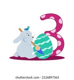 number three and a gray easter bunny coloring an egg