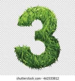 Number Three of green grass. A lawn number with gradient light green to dark green