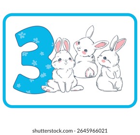 Número três com coelhinhos desenhados à mão bonito contagem Flashcard vetor para crianças 3