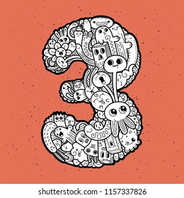 Number Three. Hand drawn doodled kids numbers. Cute monstred numbers, math symbols. Vector illustration for web, design, decoration, education, prints, cards, design. Cartoon on a grunge background