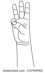 Número tres, gesto de mano. Concepto de recuento de dedos en lenguaje de señas. Ilustración vectorial en el estilo de contorno aislado en el fondo blanco.