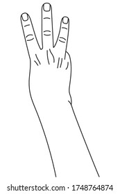 Número tres, gesto de mano. Concepto de recuento de dedos en lenguaje de señas. Ilustración vectorial en el estilo de contorno aislado en el fondo blanco.