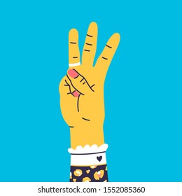 Número tres. Símbolo de gesto manual. Mano con recuento de dedos. Cuenta doblando los dedos. Ilustración vectorial de moda dibujada a mano. Estilo de caricatura. Diseño plano.