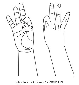 Nummer drei, Handgesten in verschiedenen Seiten Ansicht. Konzept der Fingerzählung auf Zeichensprache. Vektorgrafik im Konturstil einzeln auf weißem Hintergrund.