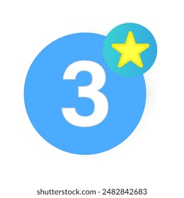 Number three icon. Yellow star badge. Bright blue circle. Vector symbol.