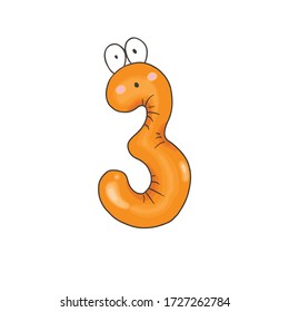 Number three illustration isolated on white background.Three  3 years Birthday Anniversary.Funny, color numbers for kids  learning counting or mathematics.Number 3 orange cute and funny character