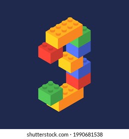 Number three in isometric. Color constructor. Vector Illustration