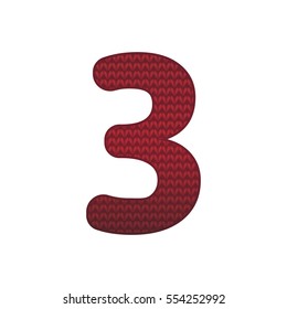 Number three in knitting style. A knitted number. 