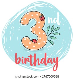 Number three with ladybugs for childrens birthday. For a holiday card, invitation, cake and greeting. Vector illustration in sketch style. Hand-drawn.