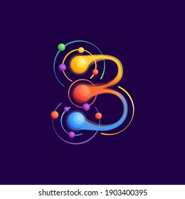 Number three logo with atoms orbits. Vector vivid icon perfect to use in any science labels, technology posters, astronomy identity, etc.