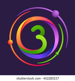 Number three logo with atoms orbits. Bright color vector design for your science, biology, physics, chemistry company. 