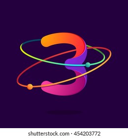 Number three logo with atoms orbits lines. Bright vector design for science, biology, physics, chemistry company.