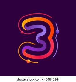 Number three logo with atoms orbits. Bright color vector design for science, biology, physics, chemistry company. 