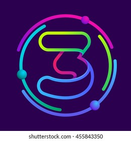 Number three logo with atoms orbits. Bright color vector design for your science, biology, physics, chemistry company. 