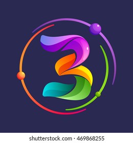 Number three logo with atoms orbits. Bright color vector design for your science, biology, physics, chemistry company. 